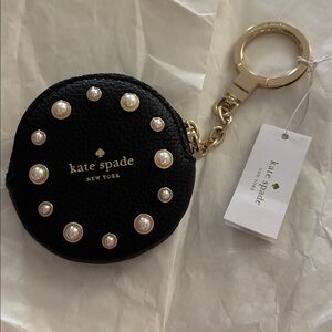 Kate Spade black leather coin purse keyfob  pearl accent Bag charm novelty
